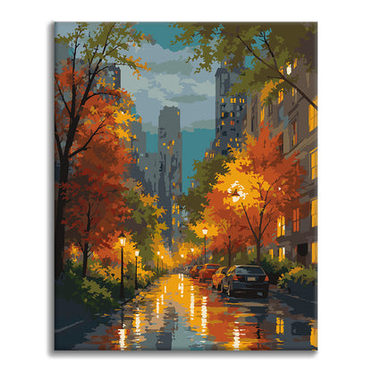 秋の雨の街路 – 数字で塗り絵