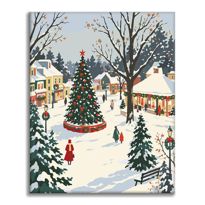 雪の町のクリスマスツリー – 数字で塗り絵