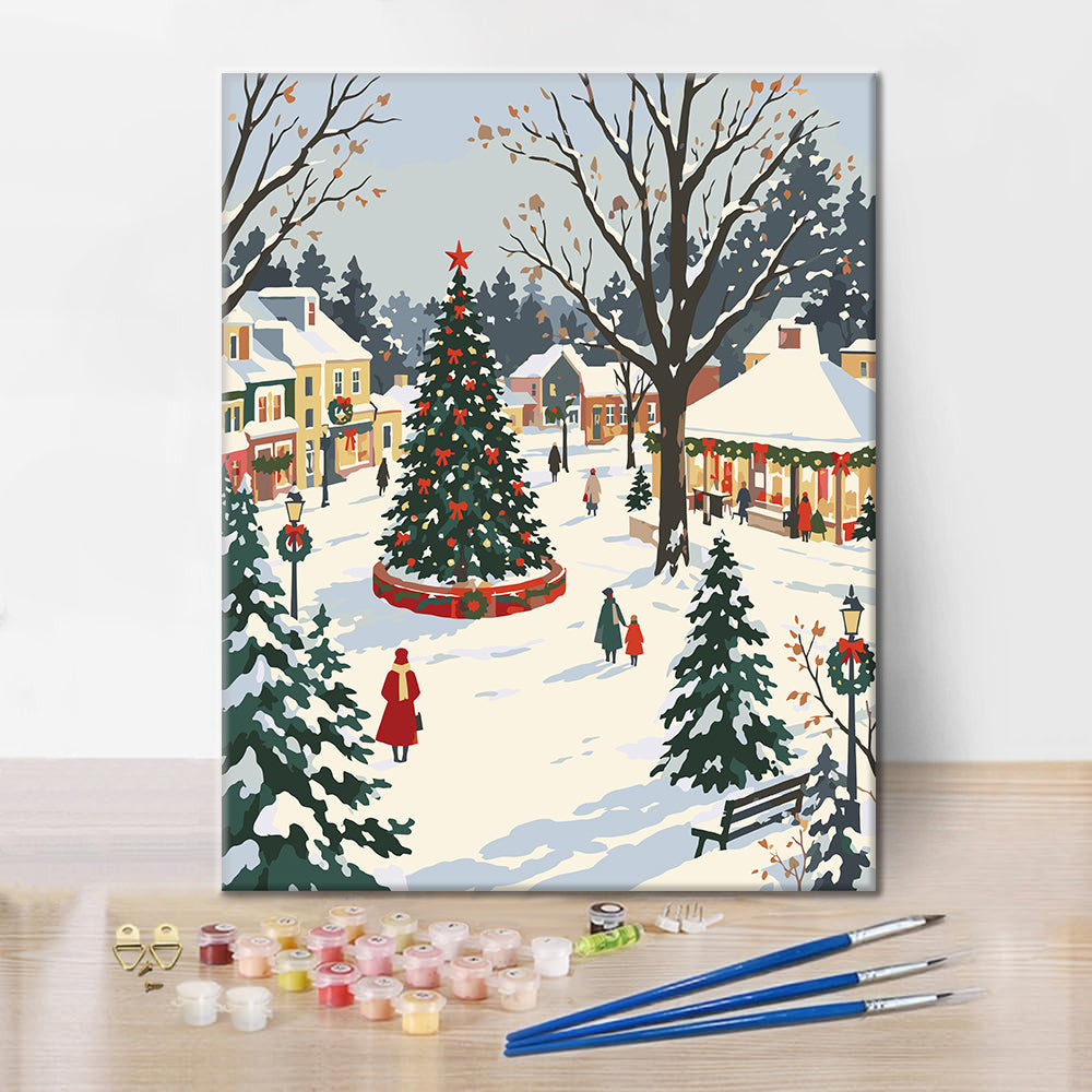 雪の町のクリスマスツリー – 数字で塗り絵