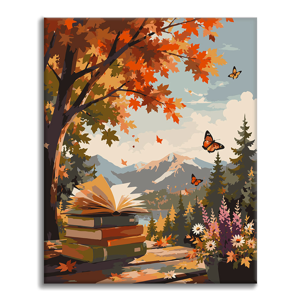 秋の山の中の開いた本 – 数字で塗り絵