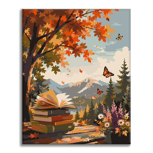 秋の山の中の開いた本 – 数字で塗り絵