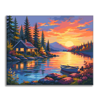 夕日の湖畔の山小屋 – 数字で塗り絵
