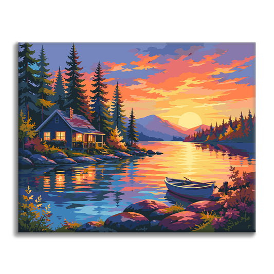 夕日の湖畔の山小屋 – 数字で塗り絵