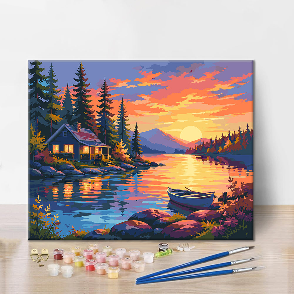 夕日の湖畔の山小屋 – 数字で塗り絵