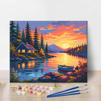 夕日の湖畔の山小屋 – 数字で塗り絵