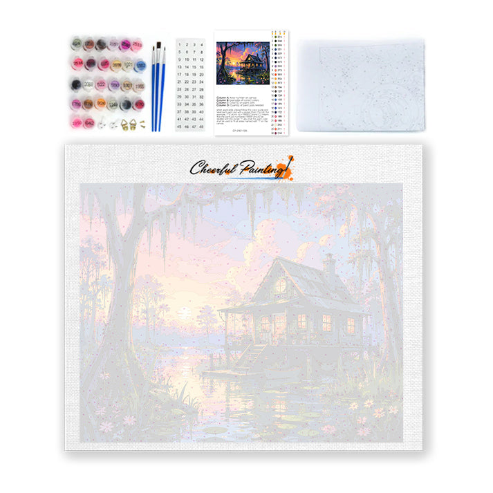 夕日の湖畔の山小屋 – 数字で塗り絵