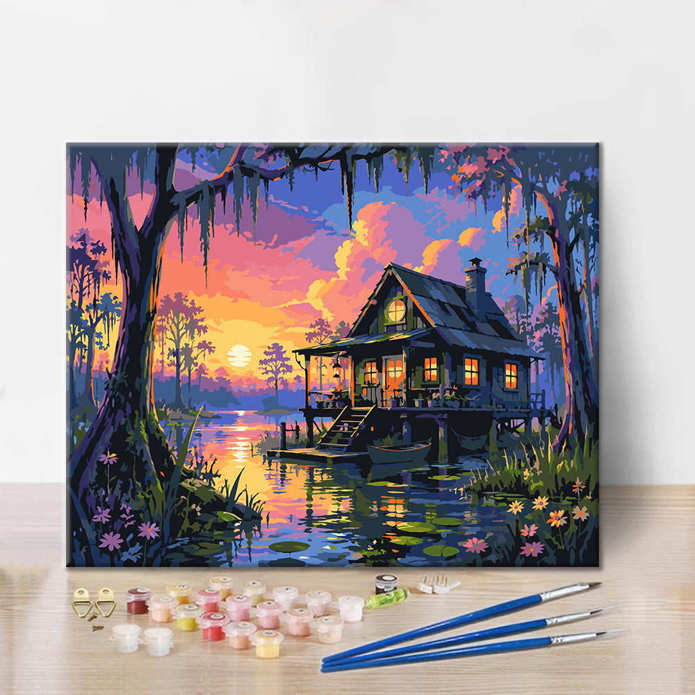 夕暮れの沼の山小屋 – 数字で塗り絵