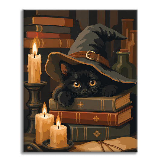 呪文の本の上の黒猫 – 数字で塗り絵
