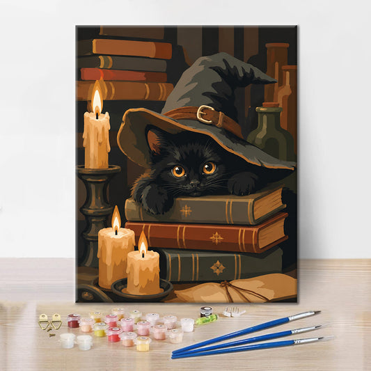 呪文の本の上の黒猫 – 数字で塗り絵