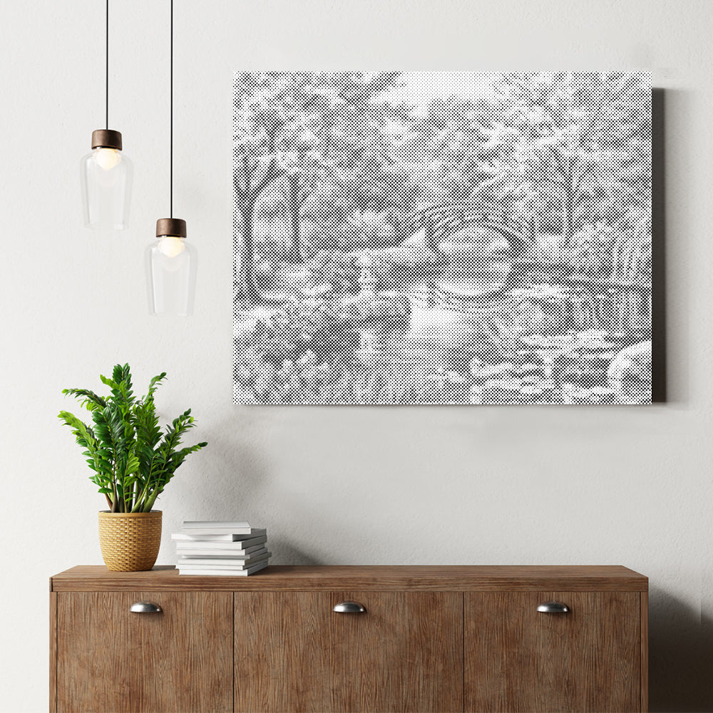 桜の木と橋、川と花 - 点描画キット