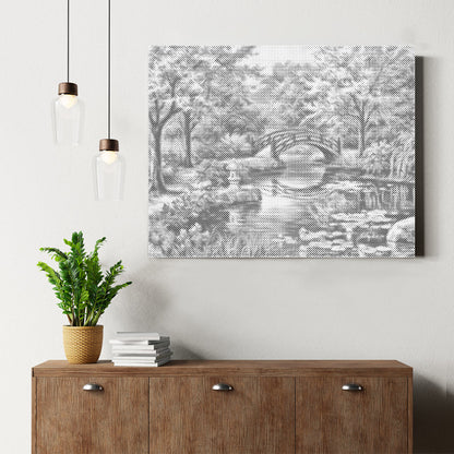 桜の木と橋、川と花 - 点描画キット