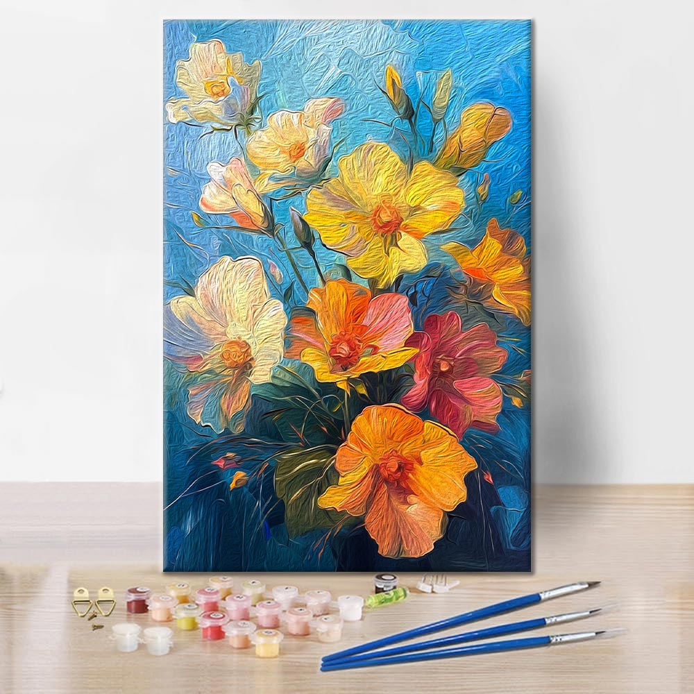花と植物の構図｜青とターコイズの色調｜数字油絵 – Cheerful painting