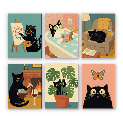 のんびりとした黒猫 - 数字塗り絵ミニアート