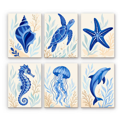 青い海の動物 - 数字塗り絵ミニアート