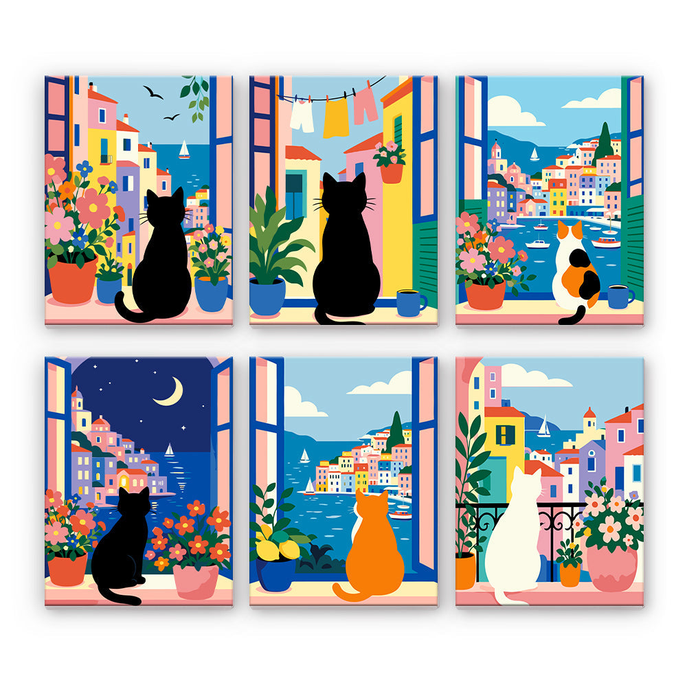 地中海の窓にいる猫 - 数字塗り絵ミニアート