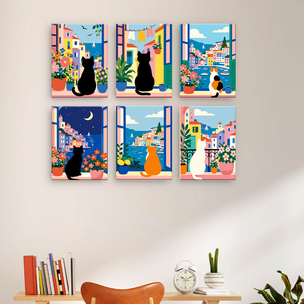 地中海の窓にいる猫 - 数字塗り絵ミニアート