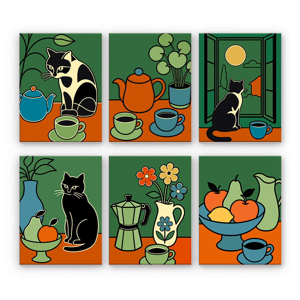 猫とコーヒーの静物画 - 数字塗り絵ミニアート