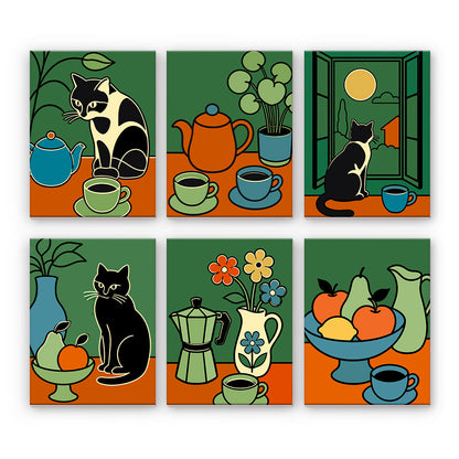 猫とコーヒーの静物画 - 数字塗り絵ミニアート