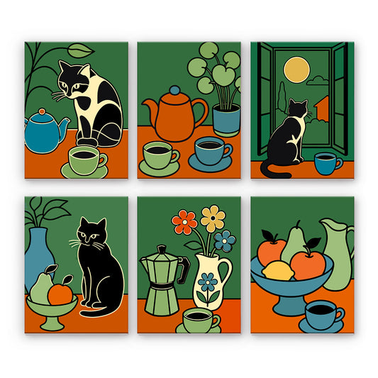 猫とコーヒーの静物画 - 数字塗り絵ミニアート