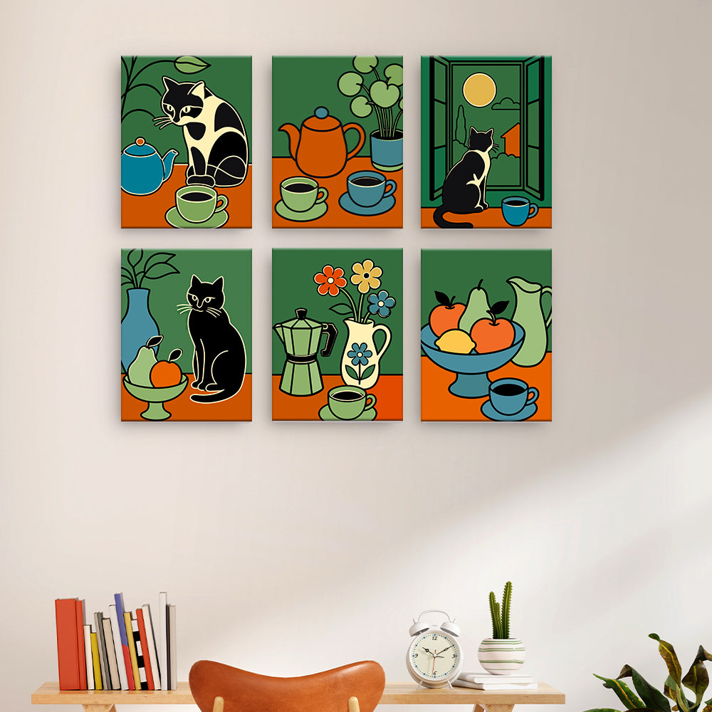 猫とコーヒーの静物画 - 数字塗り絵ミニアート