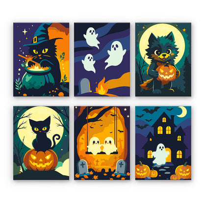 ハロウィンの猫と幽霊 - 数字塗り絵ミニアート