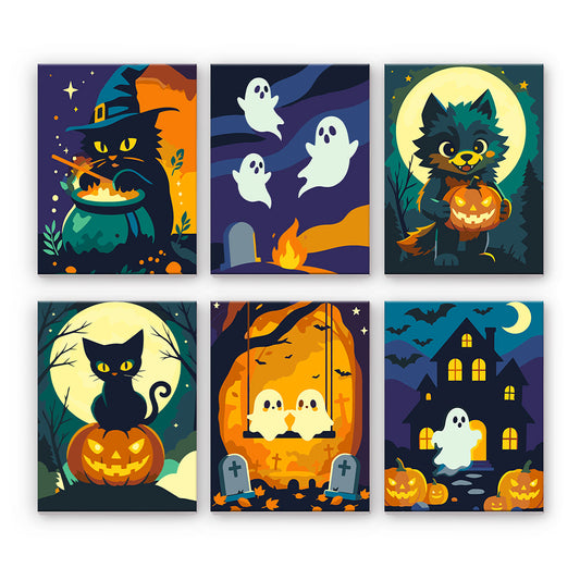 ハロウィンの猫と幽霊 - 数字塗り絵ミニアート
