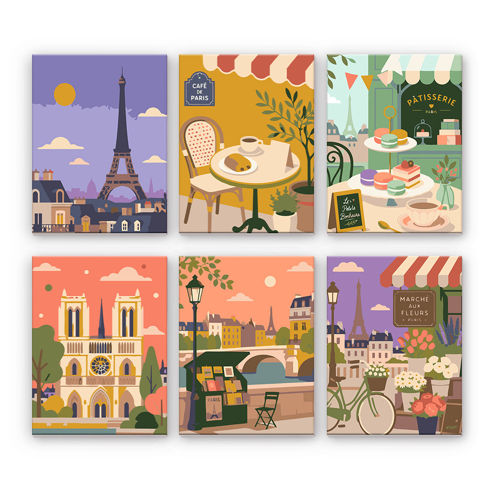 パリのカフェとランドマークの風景 - 数字塗り絵ミニアート