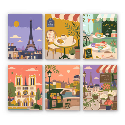 パリのカフェとランドマークの風景 - 数字塗り絵ミニアート
