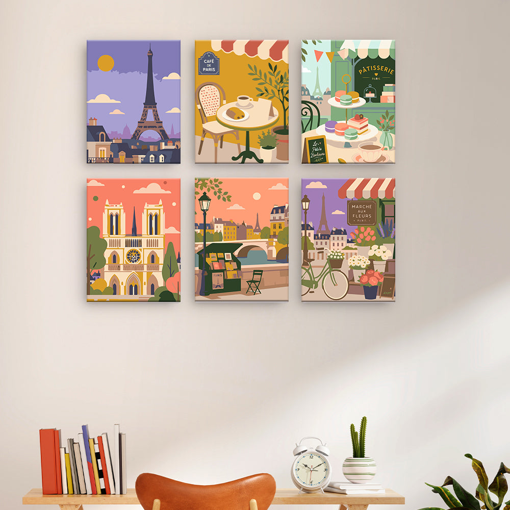 パリのカフェとランドマークの風景 - 数字塗り絵ミニアート