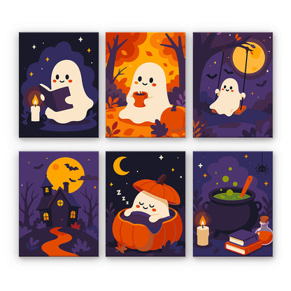 居心地の良いハロウィーンの幽霊 - 数字塗り絵ミニアート