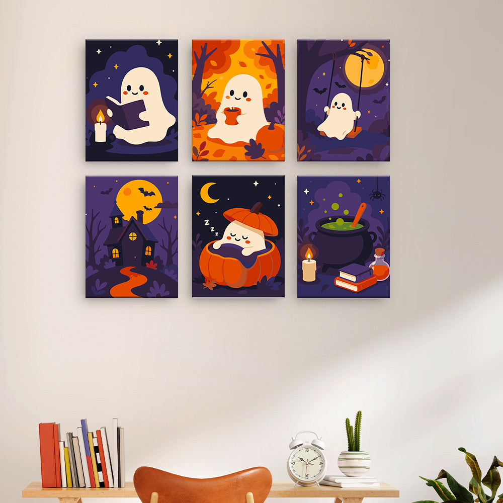 居心地の良いハロウィーンの幽霊 - 数字塗り絵ミニアート