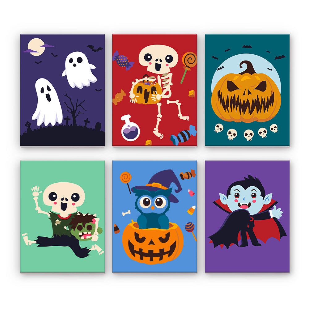 ハロウィンのスケルトンとモンスター - 数字塗り絵ミニアート