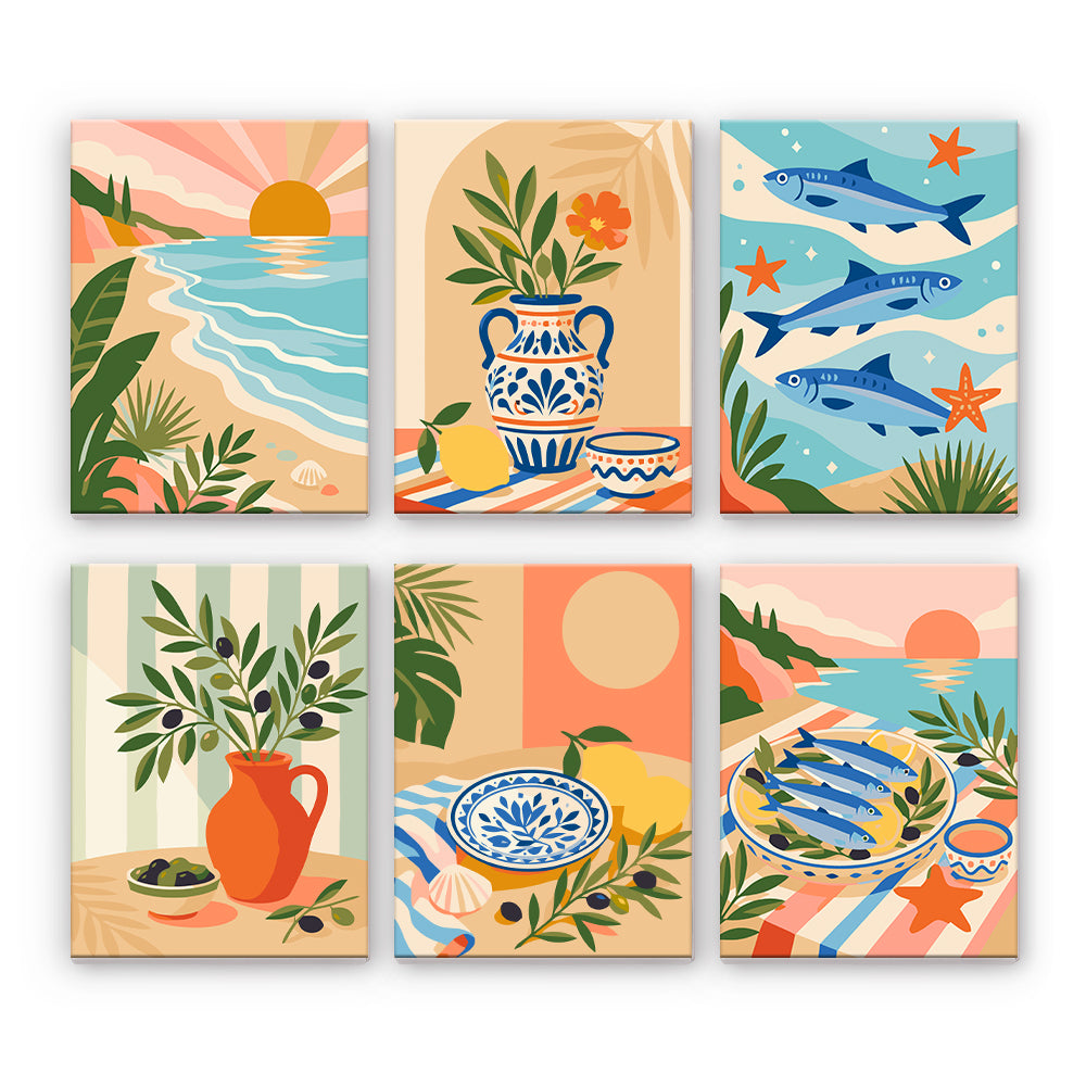 地中海料理と海岸 - 数字塗り絵ミニアート