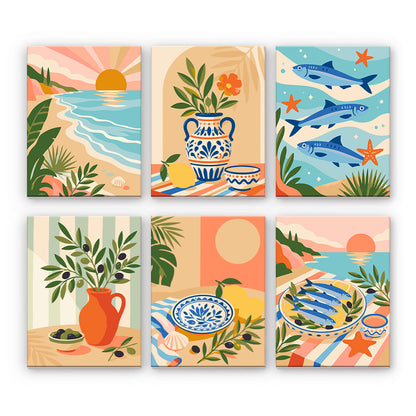 地中海料理と海岸 - 数字塗り絵ミニアート
