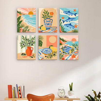 地中海料理と海岸 - 数字塗り絵ミニアート